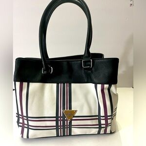 Guess Hand bag, Cream Tan with Black and Burgundy Plaid Stripes